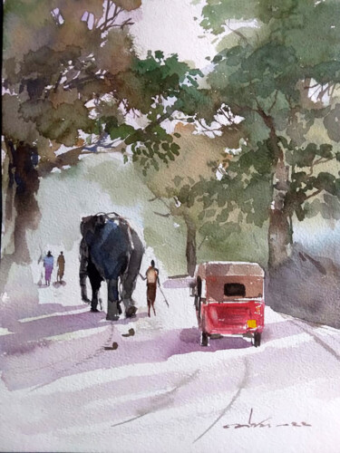 Painting titled "Morning Walks" by Thejana Roshan Kumara, Original Artwork, Watercolor