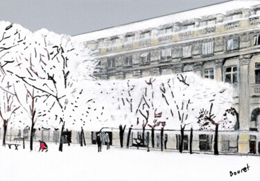 Tekening getiteld "Paris sous la neige…" door Théodore Bouret, Origineel Kunstwerk, Balpen