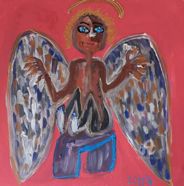 Painting titled "Mon ange noir" by Therese  Lyssia, Original Artwork, Acrylic Mounted on Wood Stretcher frame