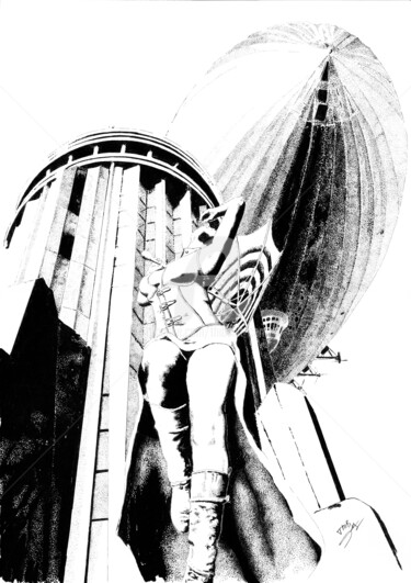 Σχέδιο με τίτλο "Zeppelin" από Thibault Cernaix, Αυθεντικά έργα τέχνης, Μελάνι