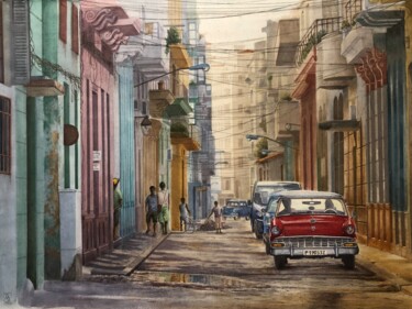 Malarstwo zatytułowany „Une rue à La Havane” autorstwa Thierry Brunner, Oryginalna praca, Akwarela