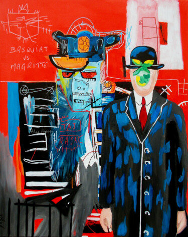 「Basquiat VS Magritte」というタイトルの絵画 Thierry Angotによって, オリジナルのアートワーク, アクリル