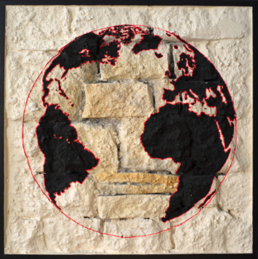 「The earth drawn on…」というタイトルの彫刻 Thierry Legrand (ziiart)によって, オリジナルのアートワーク, 樹脂 ウッドパネルにマウント