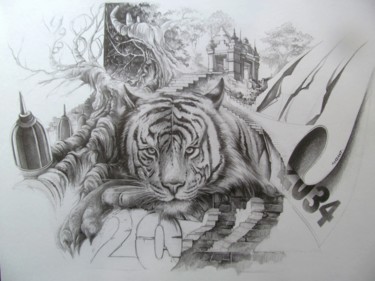 Dessin intitulée "Zodiaque du Tigre" par Thierry Mordant, Œuvre d'art originale, Crayon