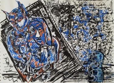 Desenho intitulada ""blue Batman"" por Thierry Pujalte, Obras de arte originais, Tinta