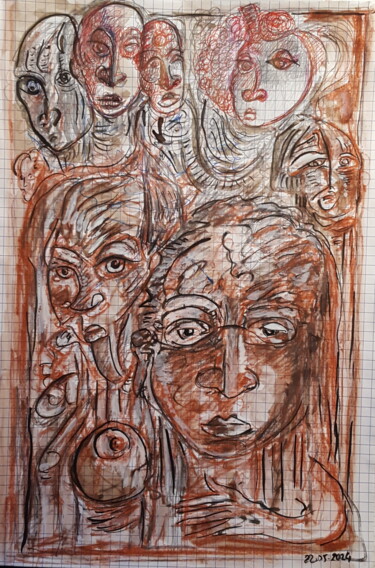 Zeichnungen mit dem Titel "" portraits de femm…" von Thierry Pujalte, Original-Kunstwerk, Conté-Buntstifte