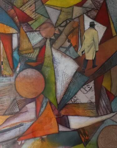 Collages titled "Seul dans le chaos" by Thierry Robin, Original Artwork, Collages Mounted on Cardboard