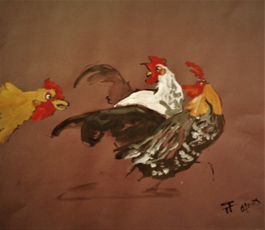 Dessin intitulée "Etude coqs-sur papi…" par Thierry Faure, Œuvre d'art originale, Gouache