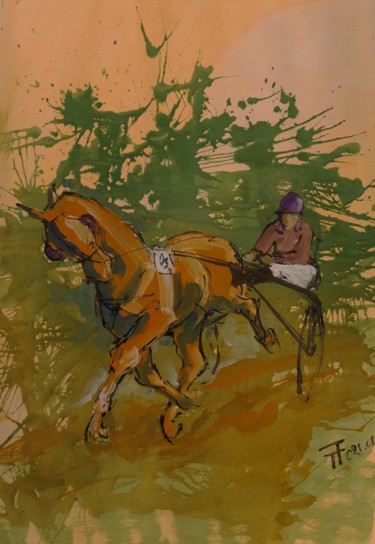 Drawing titled "Course à Vincennes" by Thierry Faure, Original Artwork, Gouache