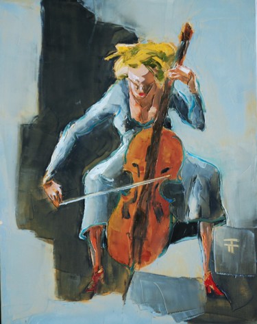 Malerei mit dem Titel "La-violoncelliste-e…" von Thierry Faure, Original-Kunstwerk, Öl