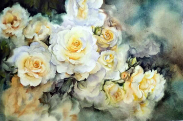 Painting titled "Blooms in White" by Thiloka Kariyapperuma, Original Artwork, Watercolor Mounted on Glass