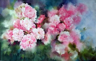 Schilderij getiteld "Pink Chrysanthemums" door Thiloka Kariyapperuma, Origineel Kunstwerk, Aquarel Gemonteerd op Glas