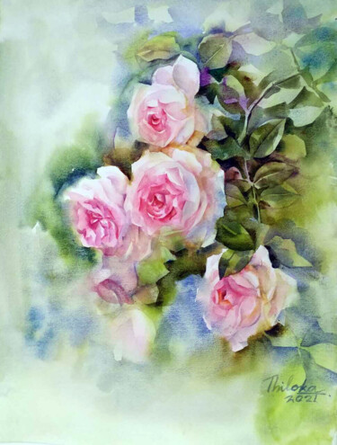 Painting titled "Dew on Petals" by Thiloka Kariyapperuma, Original Artwork, Watercolor Mounted on Glass