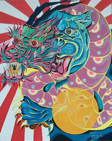 Pintura titulada "Tigre et dragon" por Thom Max, Obra de arte original, Acrílico Montado en Bastidor de camilla de madera