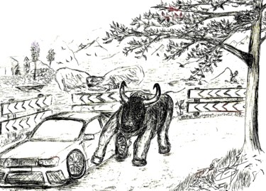 Рисунок под названием "Taureau vs voiture…" - Thomas Blondeau-Dumoulin, Подлинное произведение искусства, Шариковая ручка