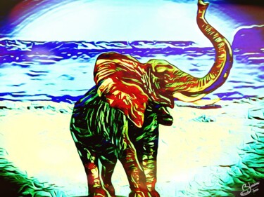 Digital Arts titled "Elephant 2 mer" by Thomas Blondeau-Dumoulin, Original Artwork, Digital Painting Mounted on Wood Panel