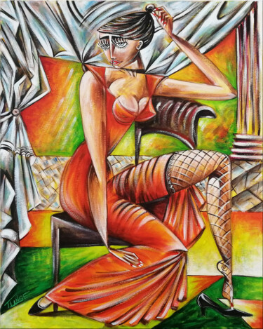 Painting titled "Woman Chillout #M73" by Thomas Lange, Original Artwork, Oil Mounted on Wood Stretcher frame