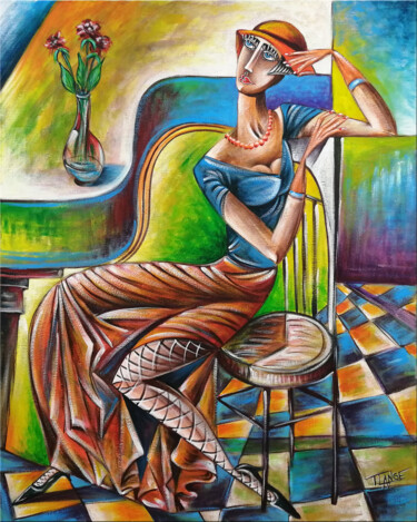 Painting titled "Woman Chillout #M92" by Thomas Lange, Original Artwork, Oil Mounted on Wood Stretcher frame