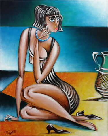 Painting titled "Woman Chillout #M182" by Thomas Lange, Original Artwork, Oil Mounted on Wood Stretcher frame