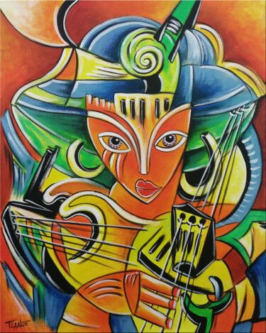 Painting titled "Musical Woman #268" by Thomas Lange, Original Artwork, Oil Mounted on Wood Stretcher frame