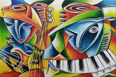 Painting titled "Musical Duo #M270" by Thomas Lange, Original Artwork, Oil Mounted on Wood Stretcher frame