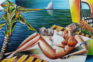 Painting titled "Woman Chillout #M276" by Thomas Lange, Original Artwork, Oil Mounted on Wood Stretcher frame