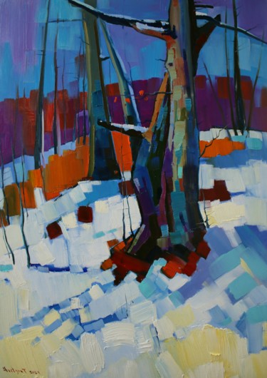 Painting titled "Winter trees (50x70…" by Tigran Aveyan, Original Artwork, Oil Mounted on Wood Stretcher frame