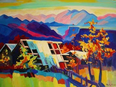 Painting titled "Autumn in village (…" by Tigran Aveyan, Original Artwork, Oil Mounted on Wood Stretcher frame
