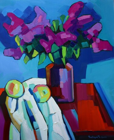 Картина под названием "Still life lilac fl…" - Tigran Aveyan, Подлинное произведение искусства, Масло Установлен на Деревянн…