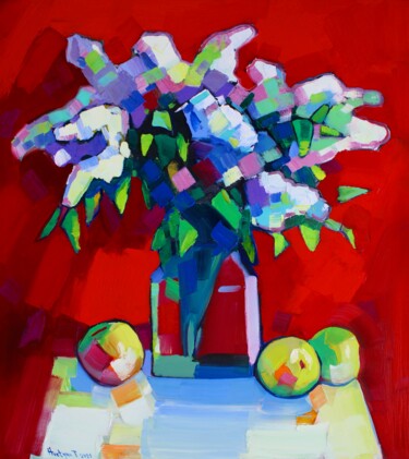 Painting titled "Still life lilac fl…" by Tigran Aveyan, Original Artwork, Oil Mounted on Wood Stretcher frame