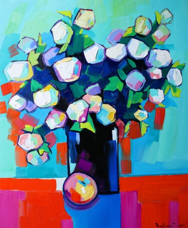 Painting titled "Still life white fl…" by Tigran Aveyan, Original Artwork, Oil Mounted on Wood Stretcher frame