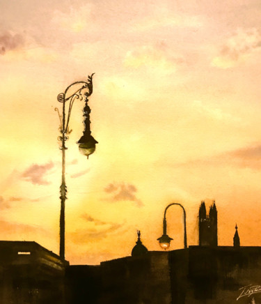 Painting titled "Sunset at Schloßpla…" by Tigran Poghossian, Original Artwork, Watercolor