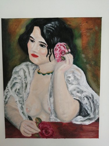 Painting titled "Dame à la rose." by Grégoire Tillac, Original Artwork, Oil Mounted on Wood Stretcher frame