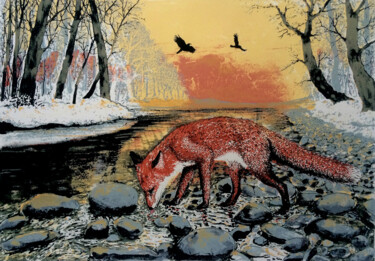 Printmaking titled "Winter Fox" by Tim Southall, Original Artwork, Screenprinting