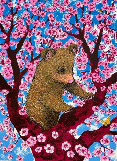 Printmaking titled "Cherry Blossom Bear…" by Tim Southall, Original Artwork, Screenprinting