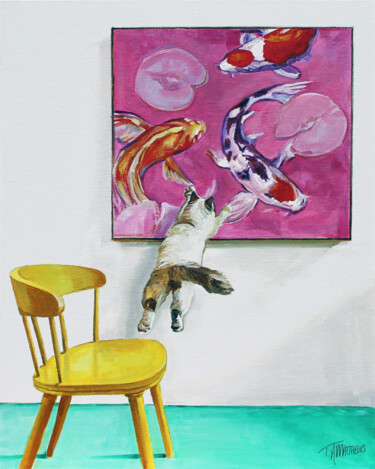 Painting titled "Gallery Cat #4" by Timothy Matthews, Original Artwork, Oil Mounted on Cardboard