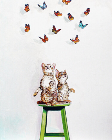 Painting titled "Butterfly Kitty #3" by Timothy Matthews, Original Artwork, Oil Mounted on Wood Stretcher frame