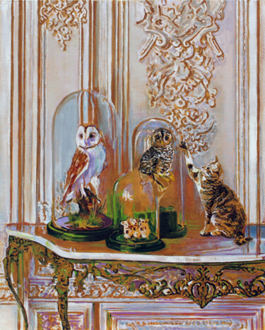 Painting titled "Taxidermy Kitty #2" by Timothy Matthews, Original Artwork, Oil Mounted on Cardboard