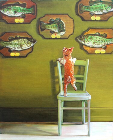 Painting titled "Billy Bass Wall" by Timothy Matthews, Original Artwork, Oil Mounted on Cardboard