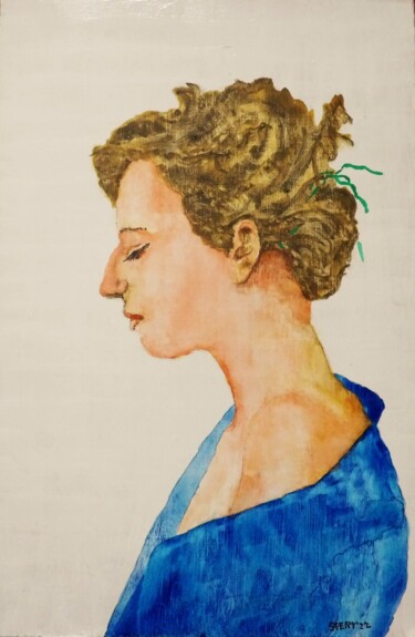 Malerei mit dem Titel "Green ribbon" von Timothy Seery, Original-Kunstwerk, Aquarell Auf Holzplatte montiert