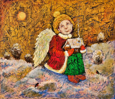 Malarstwo zatytułowany „Winter Angel” autorstwa Tina Shustova, Oryginalna praca, Akryl Zamontowany na Drewniana rama noszy