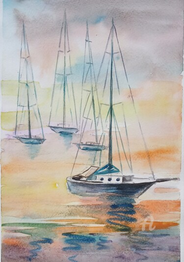 Картина под названием "Yachts" - Irina Tischenko, Подлинное произведение искусства, Акварель