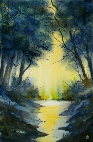 Painting titled "Paesaggio giallo e…" by Tito Fornasiero, Original Artwork, Watercolor