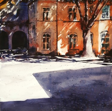 Painting titled "Un cortile d'estate" by Tito Fornasiero, Original Artwork, Watercolor