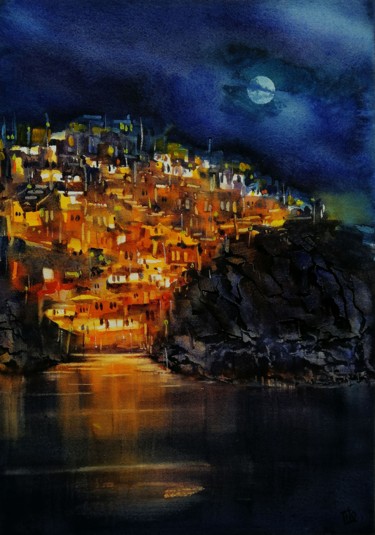 Pittura intitolato "Notte mediterranea" da Tito Fornasiero, Opera d'arte originale, Acquarello