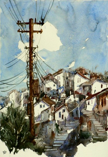Painting titled "Villaggio greco" by Tito Fornasiero, Original Artwork, Watercolor
