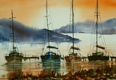 Painting titled "Barche" by Tito Fornasiero, Original Artwork, Watercolor