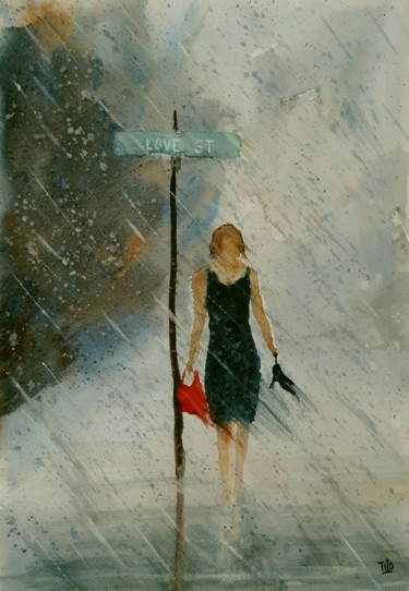 Pittura intitolato "Sotto la pioggia" da Tito Fornasiero, Opera d'arte originale, Acquarello