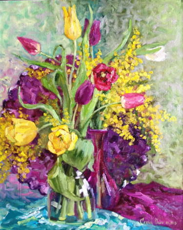 Картина под названием "Multicolored Tulipst" - Olga Sedykh, Подлинное произведение искусства, Масло