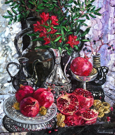 Pintura intitulada "Glitter Pomegranate" por Olga Sedykh, Obras de arte originais, Óleo
